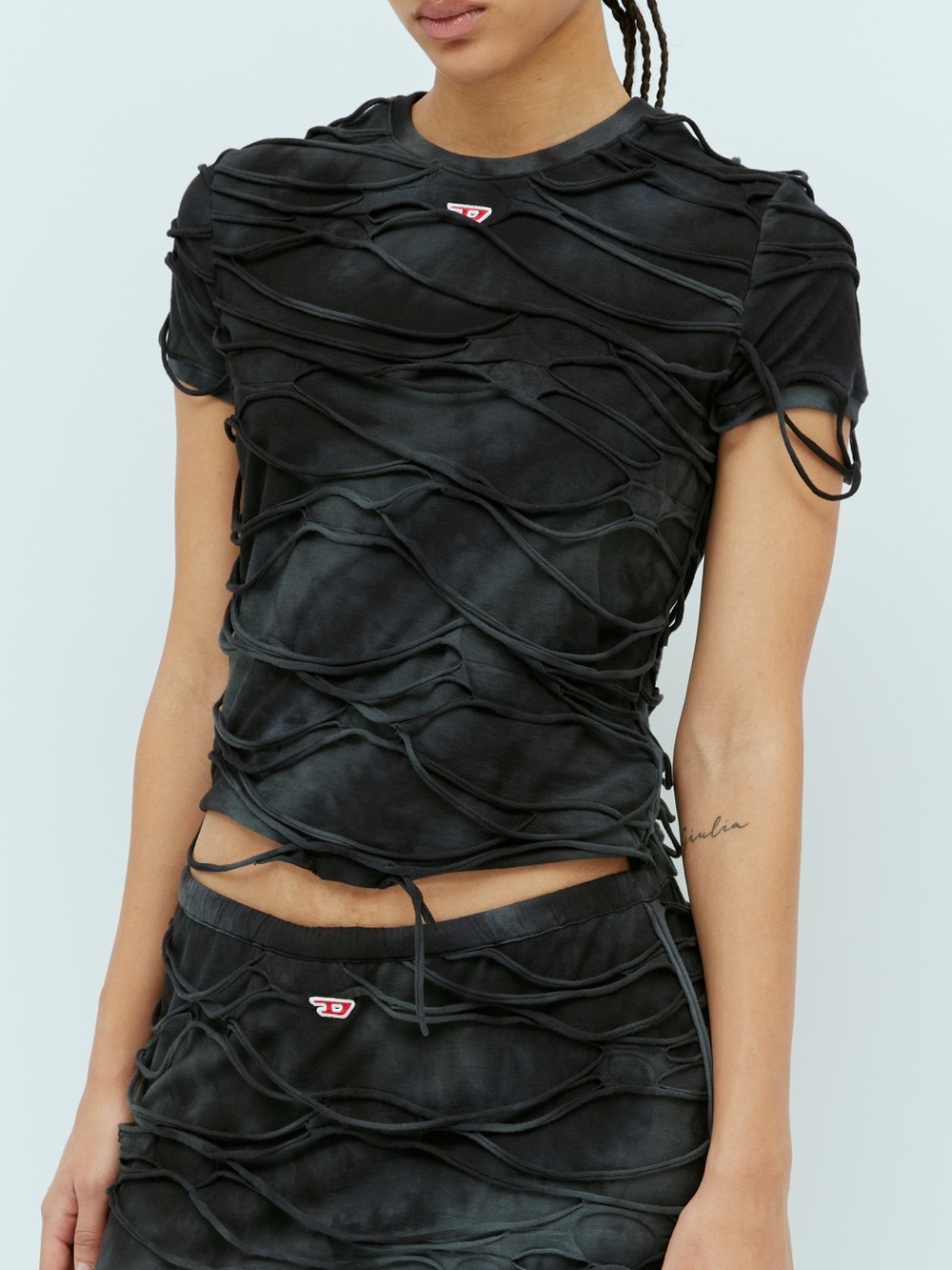 Diesel Black Wash Distressed Short Sleeve Crop Top